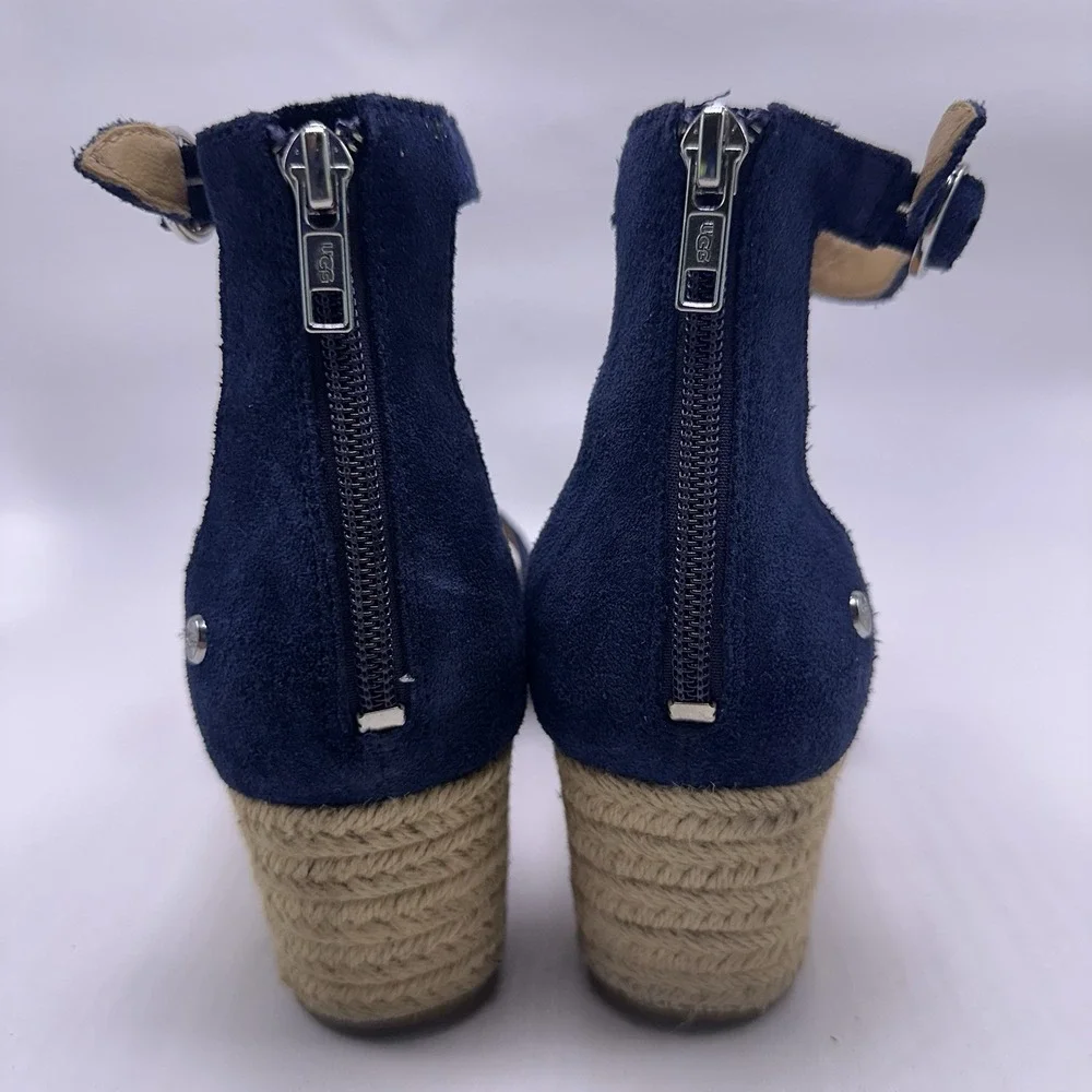UGG Eugenia Navy Blue Suede Wedge Espadrille Sandals Women's Size 9 Ankle Strap